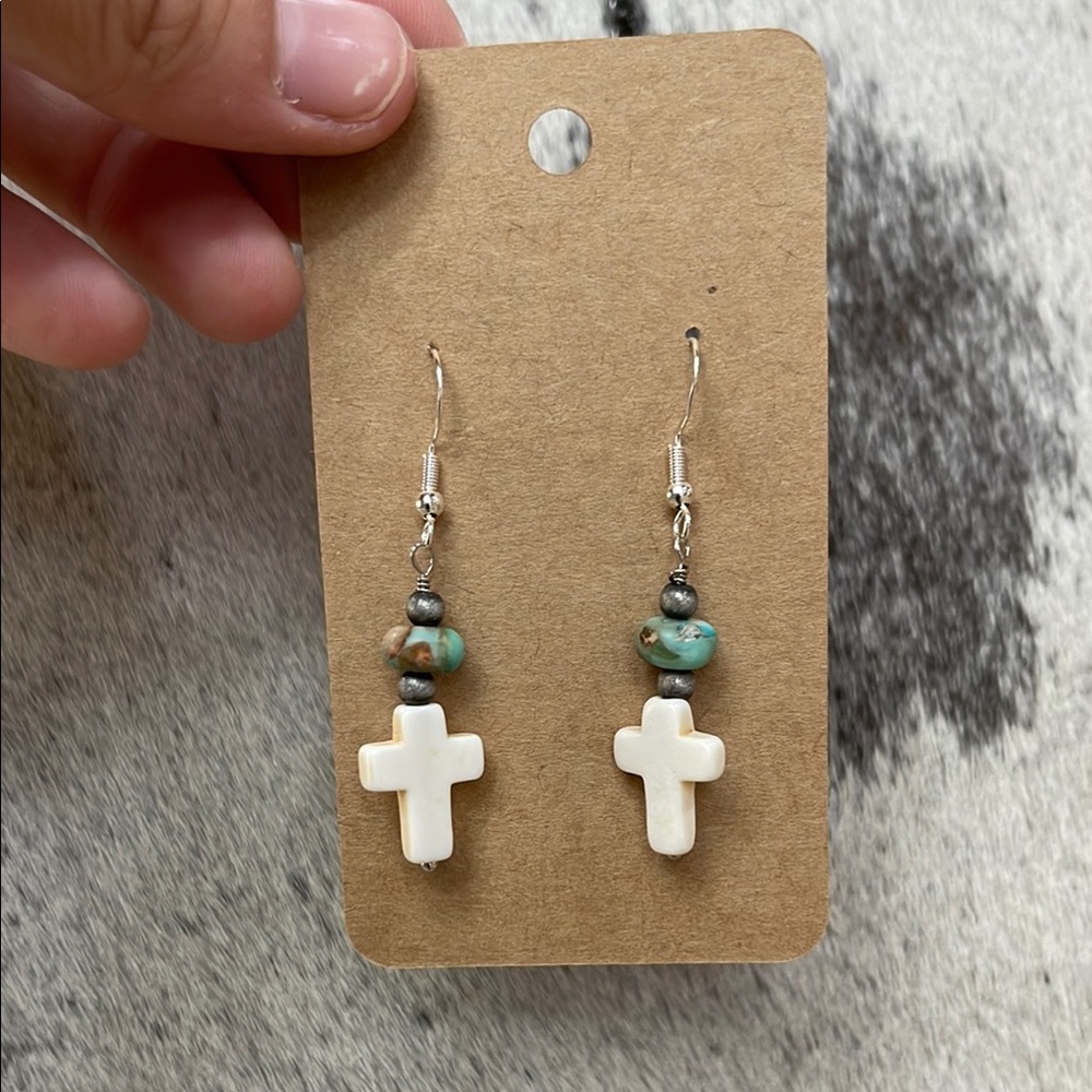 Chic White and Turquoise Cross Earrings